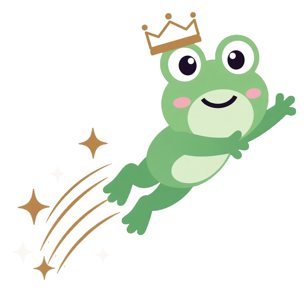 Savvy 31 crowned frog mid-leap with cream and brass sparkles trailing behind