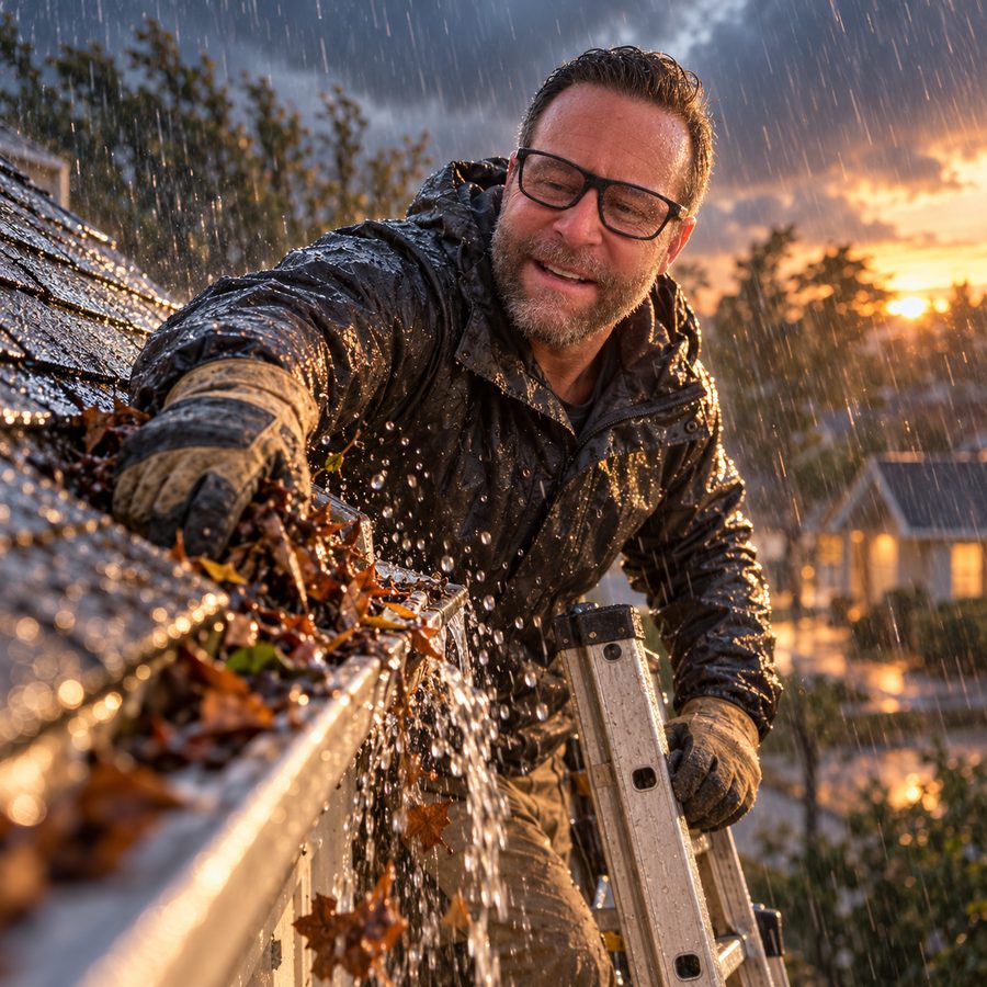 AI picture of a man on a ladder cleaning gutters in a heavy rainstorm at dusk