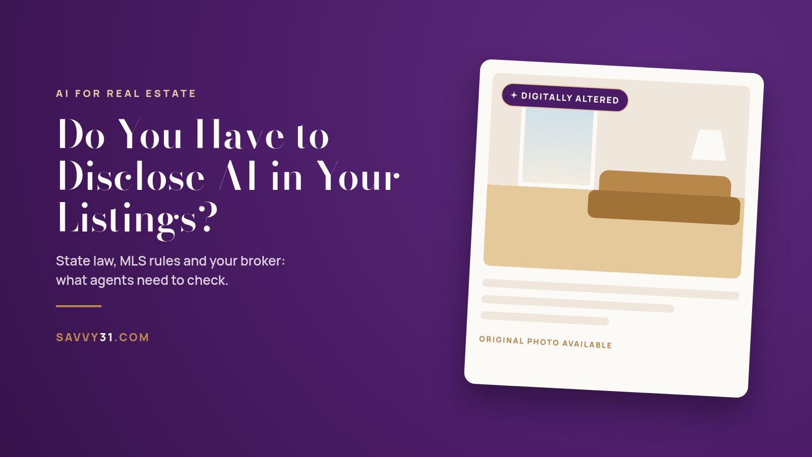 A listing photo card with a Digitally Altered label beside the title: Do You Have to Disclose AI in Your Listings?