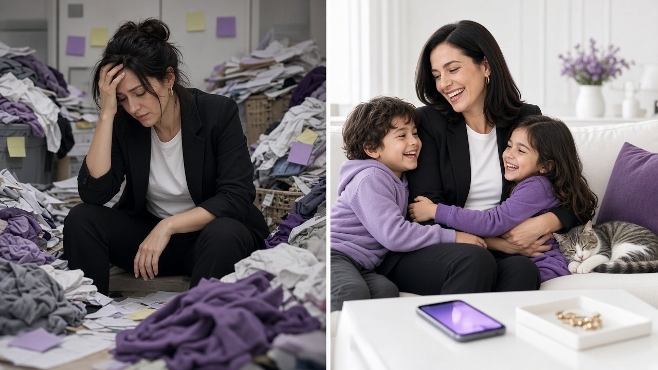 Before and after: a mom overwhelmed by piles of laundry and sticky notes, then the same mom relaxed and laughing on a white sofa with her two kids and the cat.
