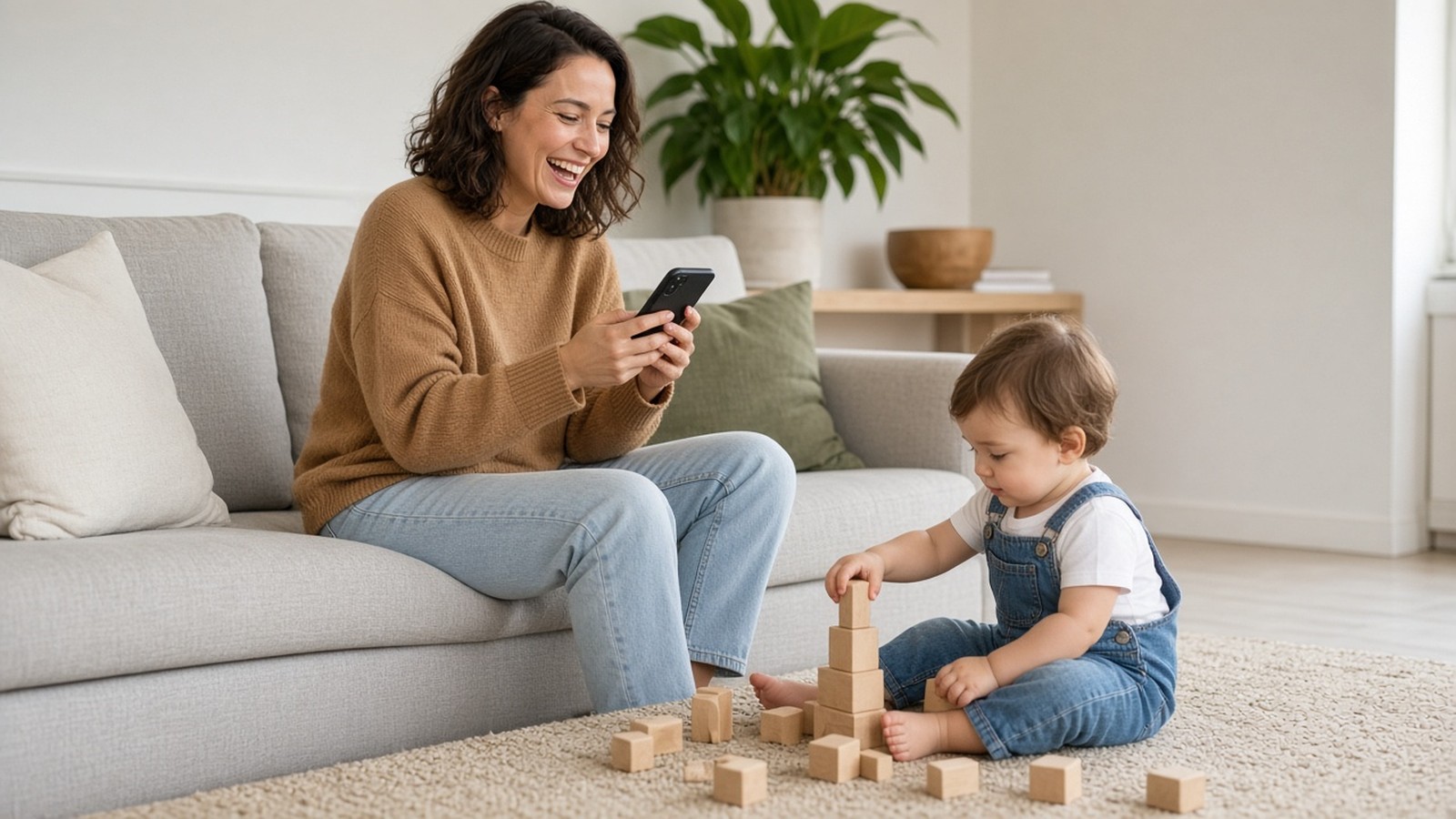 A mom in a camel sweater laughs at her phone on a gray sofa while her toddler stacks blocks nearby.