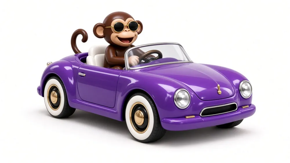 Smiling cartoon monkey in sunglasses driving a shiny purple convertible